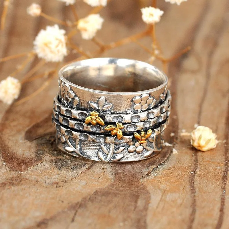 אירופאי ואמריקאי פשוט אישיות רחב גרסה שתיים-צבע דבורה קטנה טבעת פרח טבעת אירוסין גודל 6-10 טבעות לנשים0