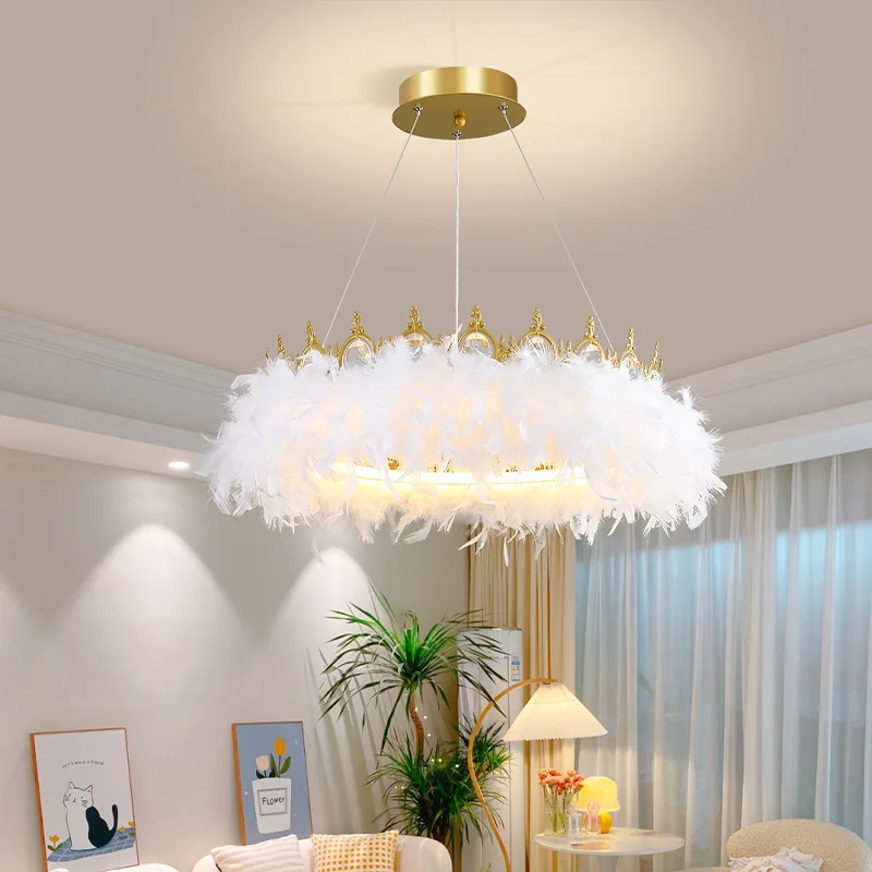 רומנטי, לבן נוצות אורות תליון תאורה פנימית חדר האוכל גופי התקרה למיטה עיצוב חדר LED הכתר תלויות מנורות0