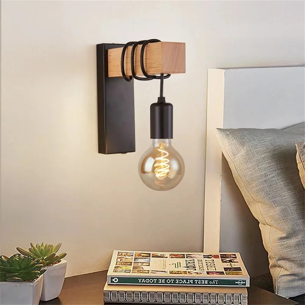 רטרו מעץ, מנורת קיר תעשייתי הרוח שליד המיטה יצירתי הסלון פשוט השינה מדרגות אמנות קישוט רקע Luces0