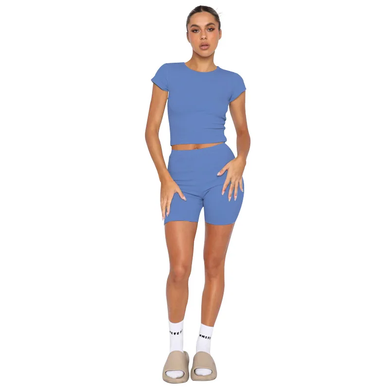 צבע מוצק קיץ שני של ערכות קטע נשים סביב צוואר יבול העליון, מכנסיים קצרים אימוניות מזדמן ספורטיבי 2pcs תלבושות רצים להגדיר4