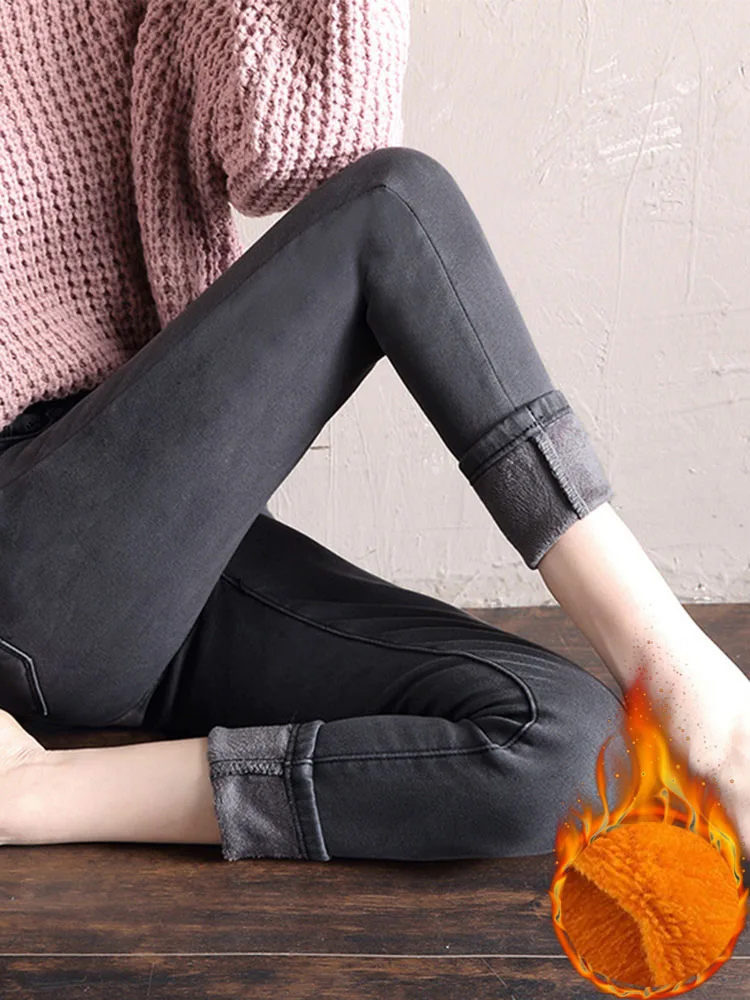 בציר קטיפה מרופדת אמצע המותן עיפרון ג ' ינס מכנסיים נשים סלים חם Vaquero מכנסיים חורף חדשים בפלאש קרסול-אורך דנים Spodnie0