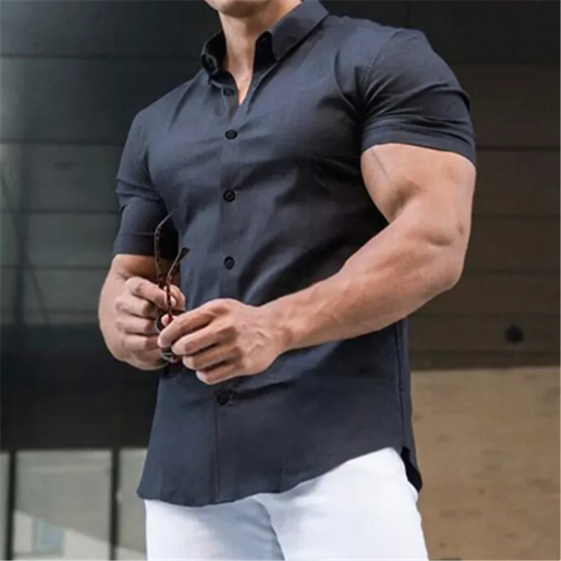 Mens חולצות שחורות קיץ גברים צבע טהור עם שרוולים קצרים נוח חולצות מזדמנים ספורט יחיד עם חזה גבר רזה חולצה העליונה1
