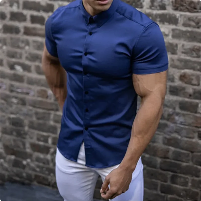 Mens חולצות שחורות קיץ גברים צבע טהור עם שרוולים קצרים נוח חולצות מזדמנים ספורט יחיד עם חזה גבר רזה חולצה העליונה2