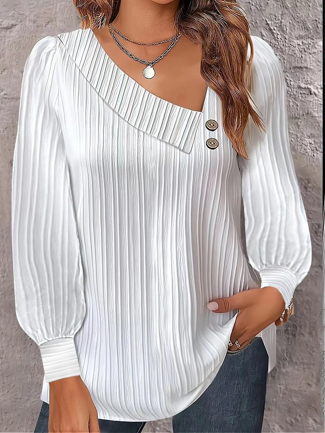 סתיו רפויים סוודר חולצה לבנה 2023 משרד ליידי צוואר V לחצן צבע אחיד ארוך שרוול החולצה עבור נשים פאטאל Blusas0
