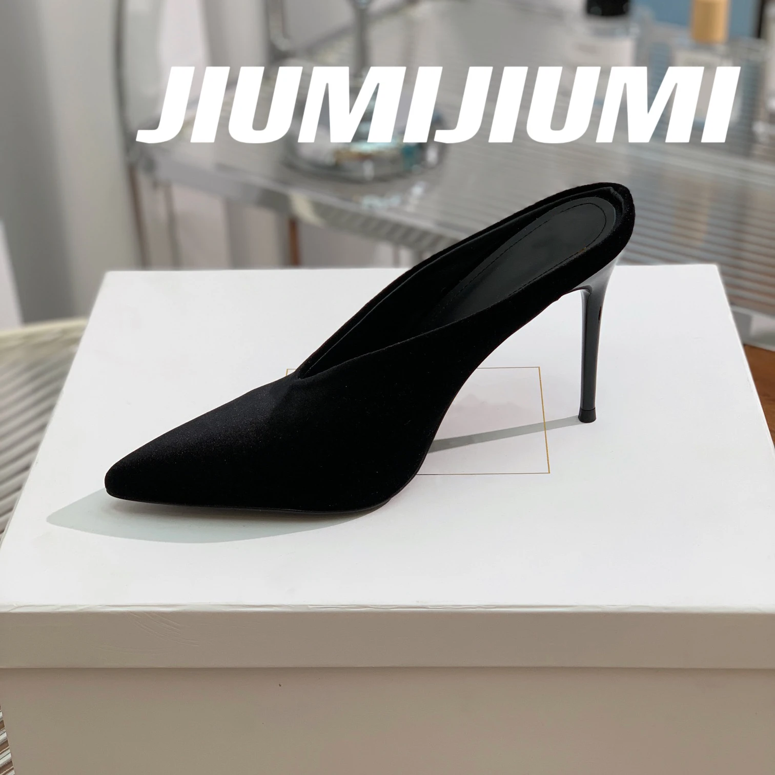 2023 JIUMIJIUMI בעבודת יד Morden שקופיות נעלי בית נעליים מחודדות בהונות דק עקב אישה נעלי בית נעלי אישה פאטוס דה Mujer1