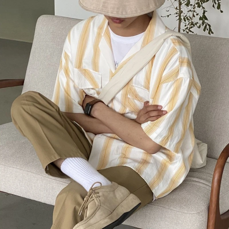 יפנית רטרו פשוטה פסים עם שרוול קצר חולצת גברים מקסימום בקיץ רופף מזדמן ברחוב חולצות ג ' קטים זכר בגדים0