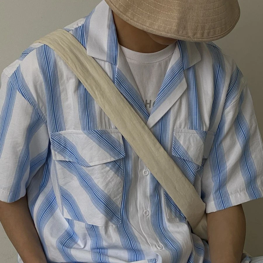 יפנית רטרו פשוטה פסים עם שרוול קצר חולצת גברים מקסימום בקיץ רופף מזדמן ברחוב חולצות ג ' קטים זכר בגדים1