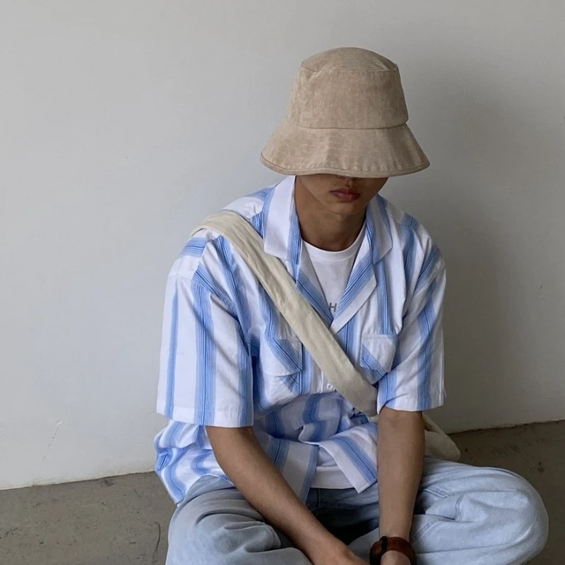 יפנית רטרו פשוטה פסים עם שרוול קצר חולצת גברים מקסימום בקיץ רופף מזדמן ברחוב חולצות ג ' קטים זכר בגדים2
