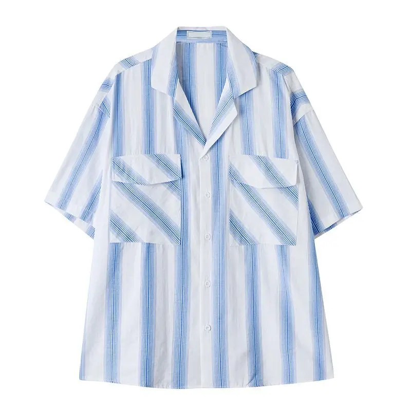 יפנית רטרו פשוטה פסים עם שרוול קצר חולצת גברים מקסימום בקיץ רופף מזדמן ברחוב חולצות ג ' קטים זכר בגדים5
