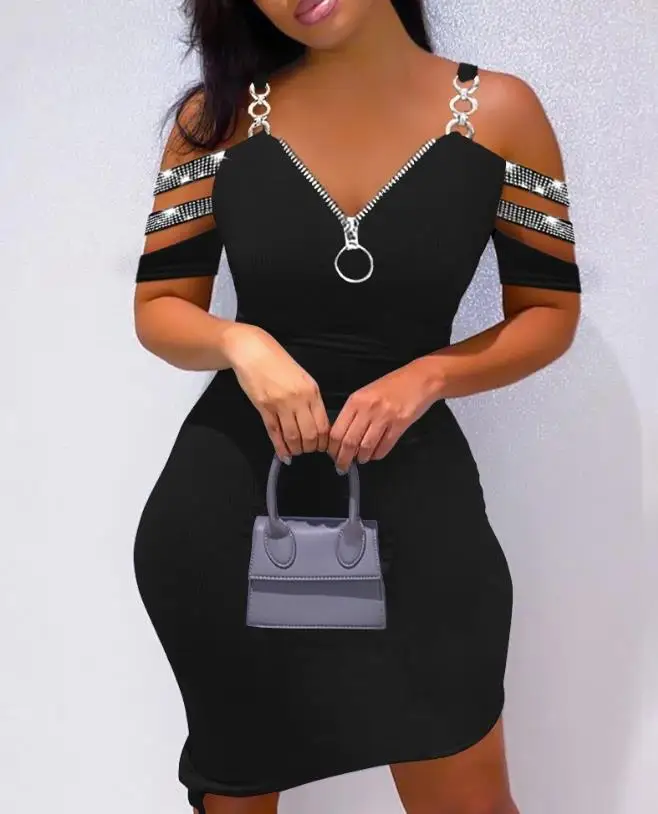 נשים שמלות 2023 קיץ האופנה ריינסטון כתף קרה ציפר עיצוב מקרית פשוטה שרוול קצר רזה יומי שמלת Bodycon5