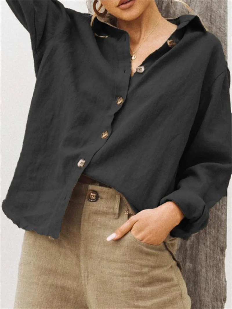 יומיומי שרוול ארוך כותנה פשתן חופשי של נשים חולצה אלגנטית מוצק משובח Harajuku לכפתר חולצה Y2k אופנת רחוב קוריאני מקסימום3
