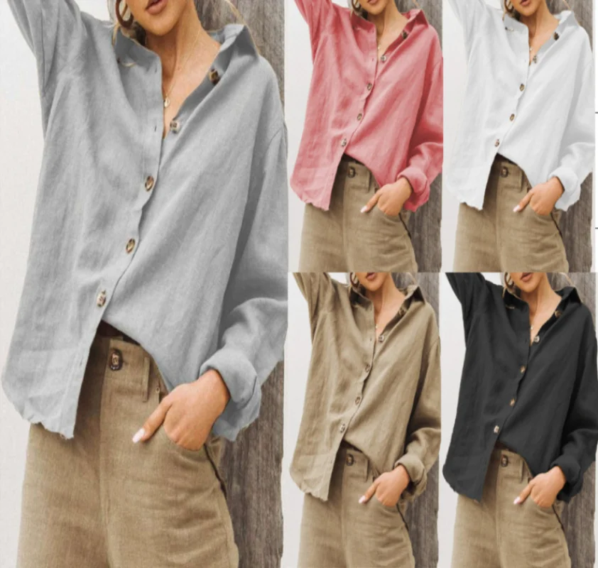 יומיומי שרוול ארוך כותנה פשתן חופשי של נשים חולצה אלגנטית מוצק משובח Harajuku לכפתר חולצה Y2k אופנת רחוב קוריאני מקסימום5