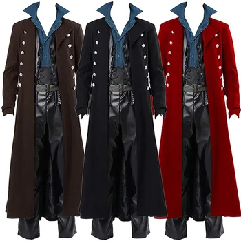 2021 בציר תלבושות מימי הביניים Steampunk גותי שחור ארוך, מעיל ערפד Cosplay שודד ליל כל הקדושים התלבושת של גברים מעיל גשם