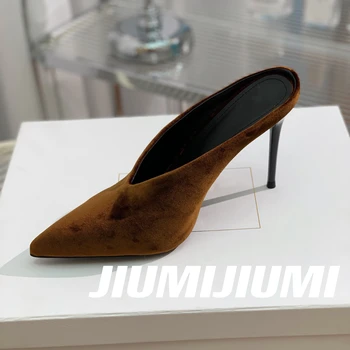 2023 JIUMIJIUMI בעבודת יד Morden שקופיות נעלי בית נעליים מחודדות בהונות דק עקב אישה נעלי בית נעלי אישה פאטוס דה Mujer
