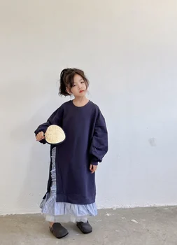 2023 חדש סתיו ילדים בוטיק בגדי תינוק להתלבש קוריאנית מוצק צבע תחרה רופף זמן מתוק חמוד כל-להתאים קפלים בסגנון פשוט