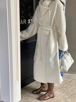 2023 סתיו/חורף חדש צרפתי דו-צדדי מעיל הצמר של נשים באמצע אורך קטן בסגנון לבן צמר מעיל
