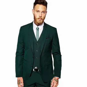 2023 תפורים חליפות גברים Slim Fit צבא ירוק השושבינים טוקסידו 3 חתיכות מסיבת חתונה חליפה לגברים (בלייזר + אפוד + מכנסיים)