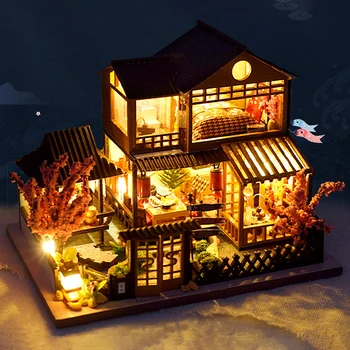 DIY עץ, בית בובות מיניאטורי היפנים פריחת הדובדבן וילה ערכת בניין צעצועים לילדים יום הולדת מתנת חג המולד עבור מבוגרים