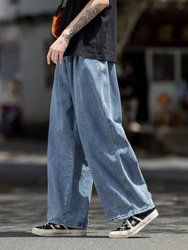 HOUZHOU שחור רחב הרגל ג 'ינס לגברים רחבים מכנסי ג' ינס גברים כחול רחב הרגל מכנסיים זכר יפני קלאסי אופנת רחוב היפ הופ
