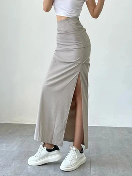 Jmprs Y2K נשים חצאיות ארוכות סקסית גבוהה המותניים פיצול הקיץ רזה מקומט מטען חצאית מזדמן אופנת רחוב בסגנון אמריקאי, חצאית