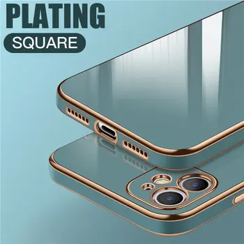 Luxruy מרובע מצופה מקרה עבור iPhone 13 12 11 Pro מקס XR 14 פלוס XS X סיליקון רגיל זהב Electroplate טלפון הכיסוי SE 2020 מיני