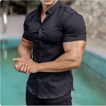 Mens חולצות שחורות קיץ גברים צבע טהור עם שרוולים קצרים נוח חולצות מזדמנים ספורט יחיד עם חזה גבר רזה חולצה העליונה