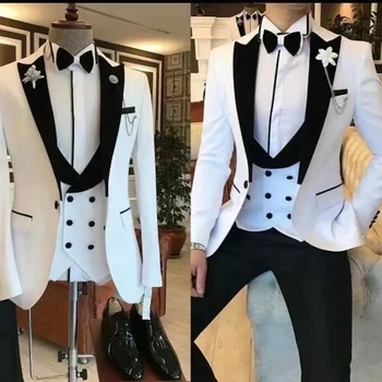 Slim Fit גברים לבנים בחליפות 3 חתיכה החתן חליפות חתונה השושבינים איטלקי בסגנון ז ' קט עם כפול עם חזה אפוד מכנסיים