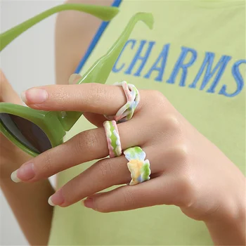 Y2K סגנון אמייל ירוק, טבעות לנשים בנות פתח השרוול גיאומטריות טבעת בסגנון קוריאני תכשיטים אביזרים מתנה Bague