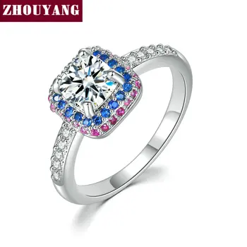ZHOUYANG הטבעת לנשים יוקרה ארבע הצבת פרינסס ססגוניות זרקונים בצבע כסף מתנת החתונה תכשיטי אופנה DZR003