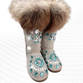 אופנה יוקרה פוקס שיער יהלומים מלאכותיים מגפי שלג מעובה חם החלקה הקטנה 100 נשים הרוח כותנה נעלי נשים