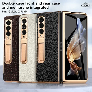 אמיתי עור פרה Case for Samsung Galaxy Z קיפול 4 Fold4 ZFold4 ציפוי זהב לכסות עם מזג הגנת זכוכית מראה הסרט