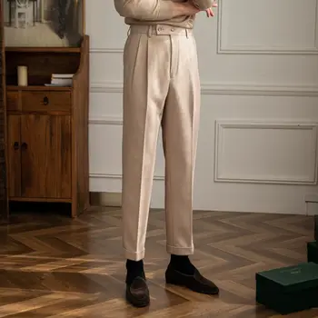 בסגנון בריטי אביב מוצק עסקי מזדמן המכנסיים גבוהה המותניים כפתור גברים רשמית מכנסיים באיכות גבוהה רזה המשרד מכנסיים P40
