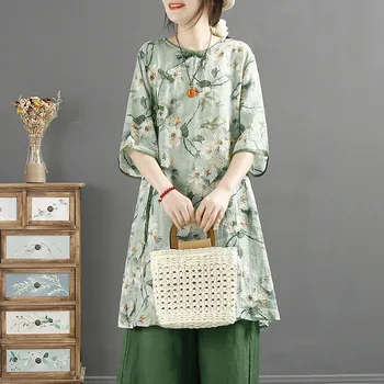 בתוספת גודל רטרו בסגנון סיני מודפס חולצת נשים 2023 גדולים מנופחים הקיץ צווארון אבזם בינוני אורך תה החליפה העליון משוחרר