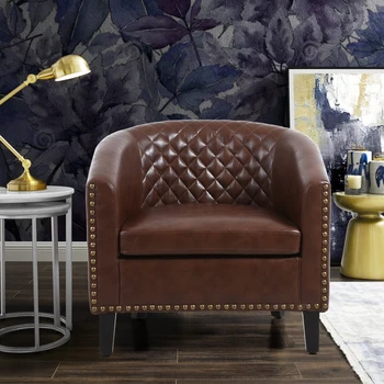 המבטא חבית הכיסא בסלון הכיסא עם nailheads מעץ מלא רגליים חומות עור pu עבור מקורה הרהיטים בסלון