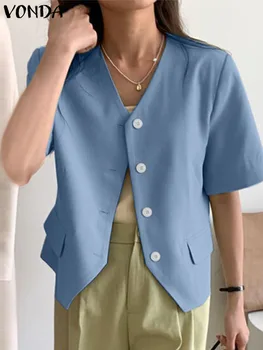 וונדה אלגנטי נשים קיץ בלייזר שרוול קצר חולצות 2023 סקסית V-צוואר רופף מעילים נשי מזדמן כפתורים בצבע אחיד להאריך ימים יותר