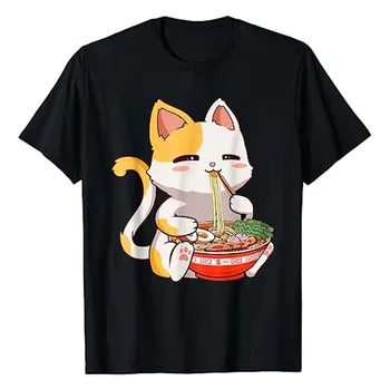 חתול חמוד אטריות ראמן Kawaii אנימה בנות העשרה אוכל יפני חולצת קריקטורה קיטי המאהב גרפי טי העליון קומיקס מנגה הדברים מתנה