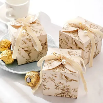 יצירתי רטרו הדפסה החתונה ממתקים תיבת חיקוי פרל סרט Bowknot מתנה אריזה קופסה מסיבת יום הולדת טובות שרוך כיס