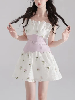 מתוק אפילו מפלגה שמלת מיני נשים פרחוני Kawaii רצועת השמלה הנשית וחולצת Bodycon Y2k קוריאני אופנה ביגוד 2023 הקיץ