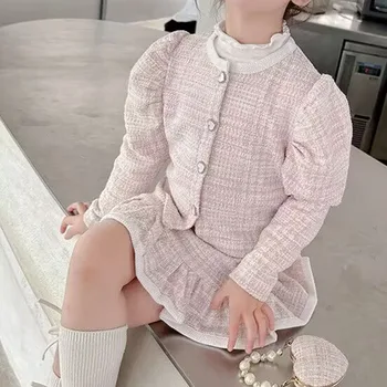 מתוק קוריאני נסיכה ילדה הבגדים להגדיר בועה שרוול ארוך לילדים מעיל + קפלים החצאית סתיו חורף ילדים מסיבת חתונה תלבושות