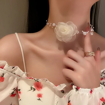 קוריאני חוט פרח קולר פרל חרוזים עצם הבריח שרשרת חמוד רומנטי קולר שרשרת לנשים בנות מסיבת חתונה תכשיטים