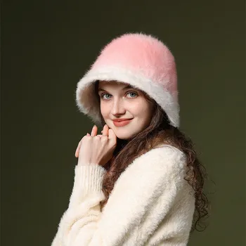 קוריאני שינוי הדרגתי של צבע ארנב שיער אגן כובעי להראות פנים קטן הסתיו והחורף חיצוני חם אופנה דלי כובעי נשים