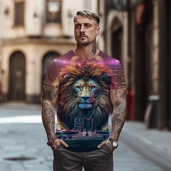 קיץ חדש לגברים צוואר עגול חולצת הטריקו אופנת רחוב צדדי של גברים מנופחים חולצה 3D צבעונית אריה דפוס הדפסה חולצה