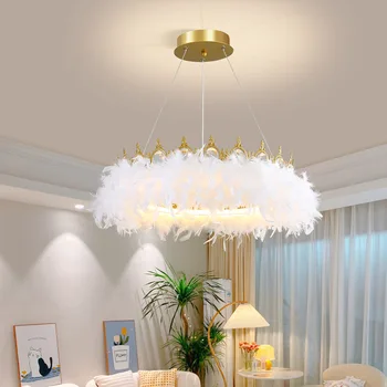 רומנטי, לבן נוצות אורות תליון תאורה פנימית חדר האוכל גופי התקרה למיטה עיצוב חדר LED הכתר תלויות מנורות