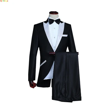 שחור בולע זנב חליפת שני חלקים גברים אופנה Slim Fit שמלת ז ' קט ומכנסיים לחצן יחיד V דש מעיל מעיל מכנסיים XXL